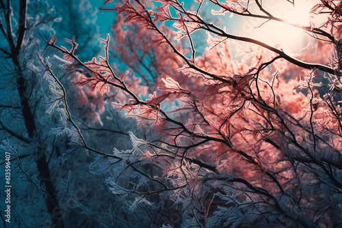 frosty twigs and branches covering foliage with blue sky