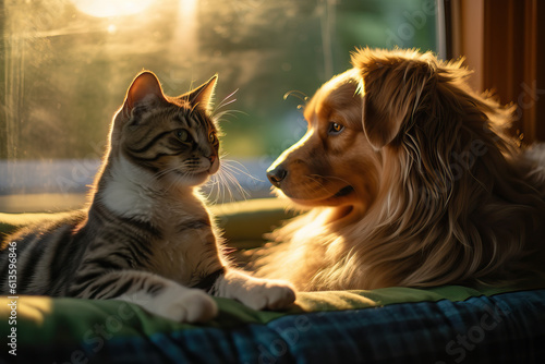 Photo of a cat and a dog friends in a cozy house by the window © Nedrofly