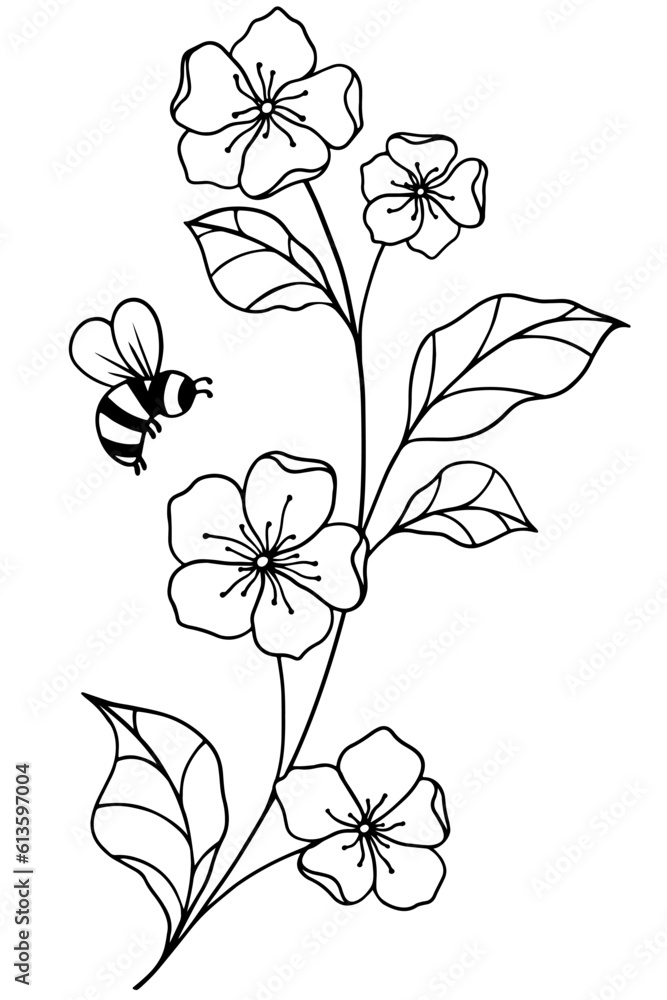 Bee approaches the twig flowers, black and white vector. Graphic illustration of field flowers and bee