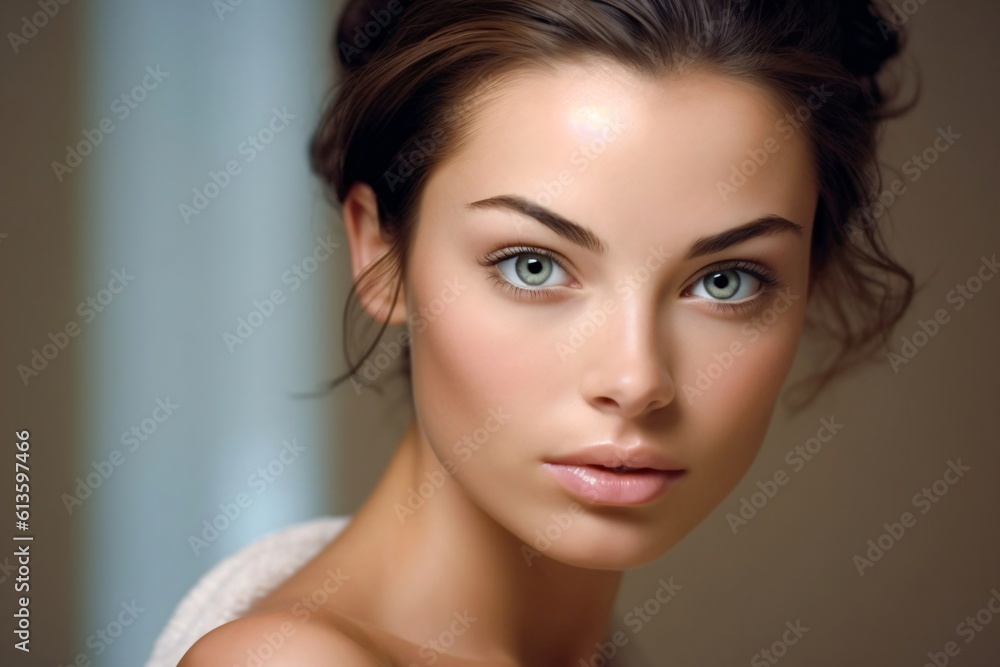 pretty woman with upswept brown hair and blue green eyes created with Generative AI technology pretty woman with upswept brown hair and blue green eyes created with Generative AI technology