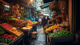 Traditional oriental market with fruits and vegetables on wooden stalls. AI Generative.