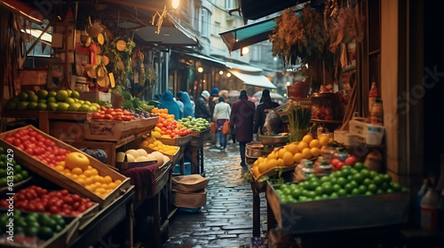 Traditional oriental market with fruits and vegetables on wooden stalls. AI Generative.