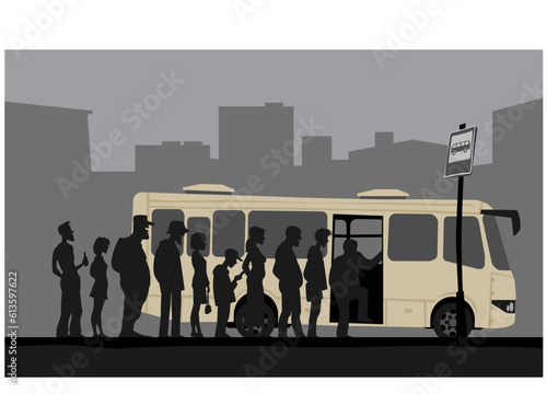 Gray morning on the outskirts of the city. People get on a city bus. Vector image for prints, poster and illustrations.
