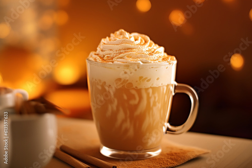 Pumpkin latte in a glass mug with cinnamon, nutmeg. ai generative