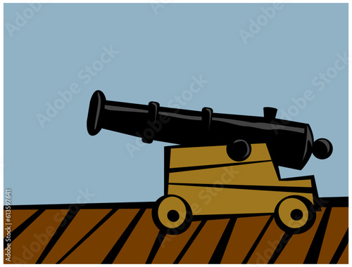 Old naval cannon on the deck of a warship. Vector image for prints, poster and illustrations.