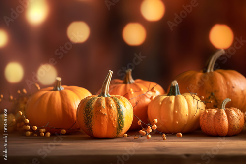 Thanksgiving Day - themed autumn background with pumpkins. AI generative