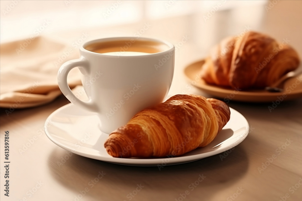 A mug of coffee with Croissant coffee break on wooden table, tasty breakfast. AI generated A mug of coffee with Croissant coffee break on wooden table, tasty breakfast. AI generated