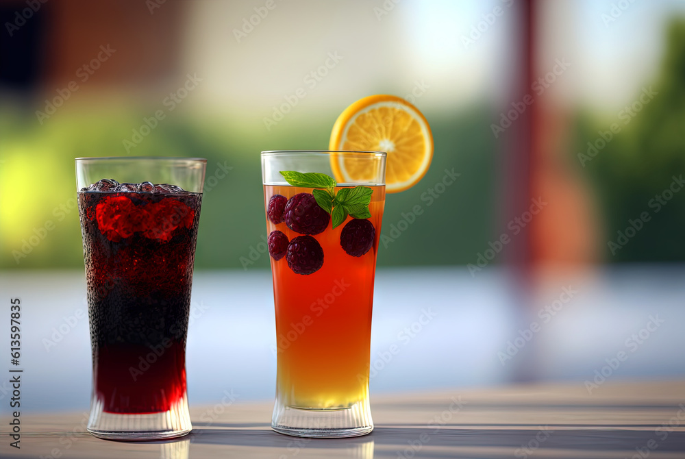 Club cocktails on the table with light. Colorful juicy drinks in glasses. Generated AI. Club cocktails on the table with light. Colorful juicy drinks in glasses. Generated AI.