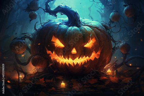 a huge sinister pumpkin with glowing eyes, on a creepy background, halloween. ai generative