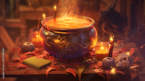 witch cauldron with bubbling potion, candles on sinister background, halloween. ai generative