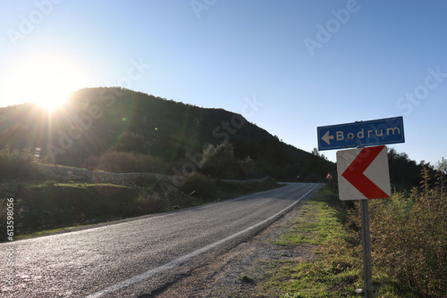 Mugla, entry way to Bodrum and road sign with Bodrum inscription.