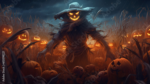 Photo animated spooky scarecrow in a corn field on halloween night