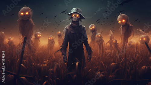 Canvastavla animated spooky scarecrow in a corn field on halloween night