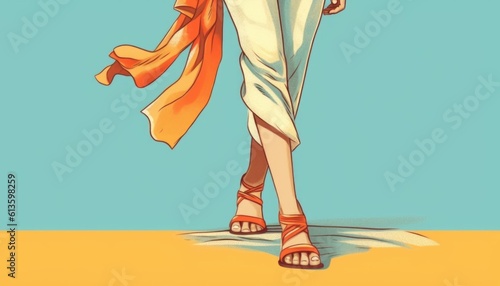 illustration of a person on the beach. female walking on sandals with a scarf in het hands.