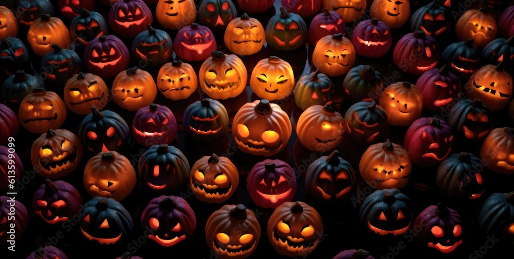 a group of pumpkin faces arranged in different colors, created with generative ai a group of pumpkin faces arranged in different colors, created with generative ai