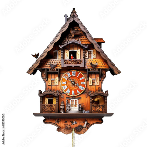  traditional wooden cuckoo clock on a plain white background