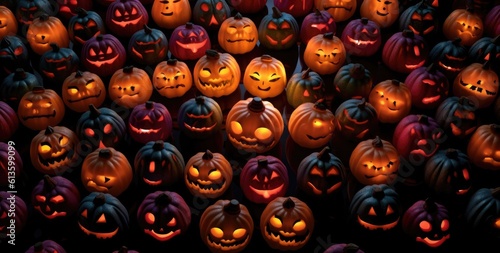 a group of pumpkin faces arranged in different colors, created with generative ai
