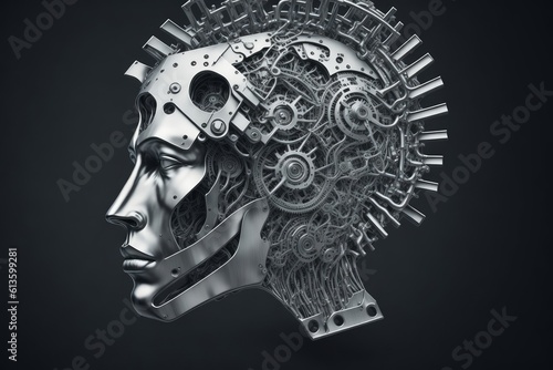 3D rendering of a human head made of gears and cogwheel. Illustration of the mental health concept. Brain as a mechanism. AI Generated.