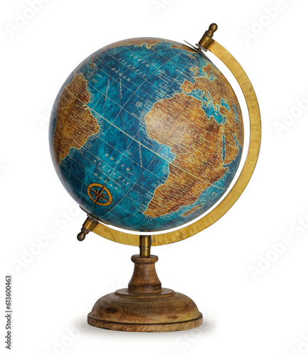 Table world wooden Globe model in blue color isolated on white background. photo