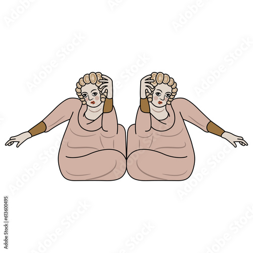 Symmetrical design with seated medieval people. Isolated vector illustration. Illuminated manuscript motif.