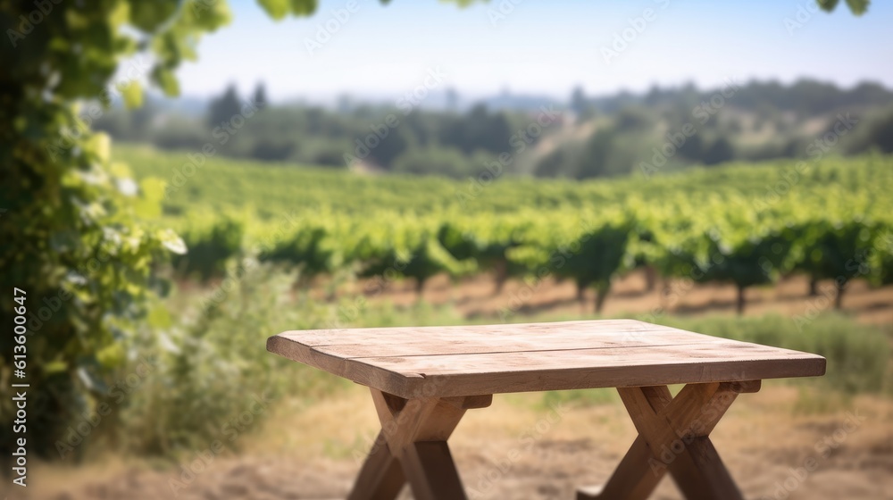 An empty wooden table for product display. Blurred french vineyard in the background. Generative AI.
