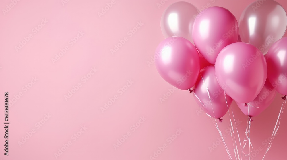 Pink balloons on pink background. Balloons on pastel pink background. Frame made of pink balloons. Birthday, holiday concept. Flat lay, copy space.