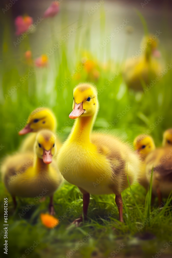 Cute yellow ducklings in the grass. Selective focus. Generative AI.