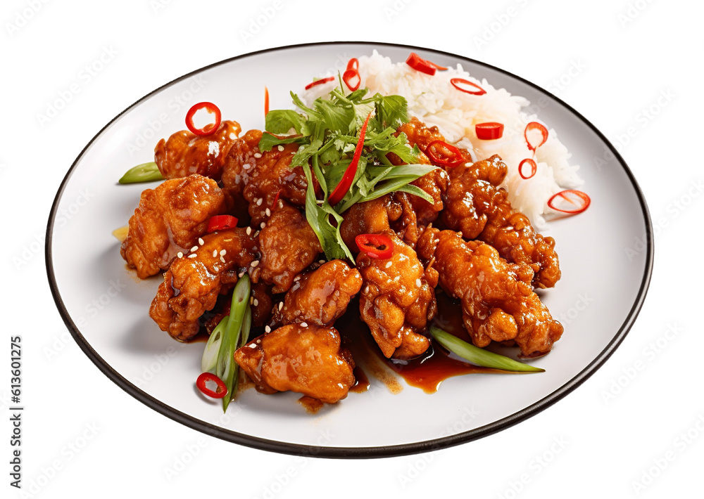 Honey walnut shrimp with rice on transparent background. Generative AI. Honey walnut shrimp with rice on transparent background. Generative AI.
