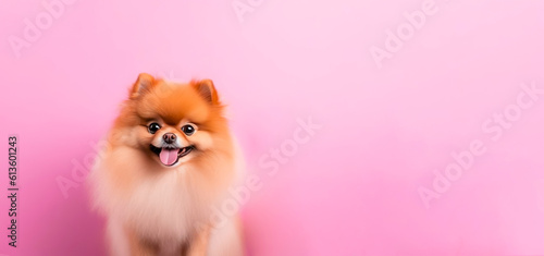 German Spitz on a pink background. The concept of a happy pet. Place for text. Banner. Generative AI.