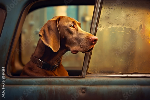 Dog looking out the window of a car. Selective focus. Generative AI.