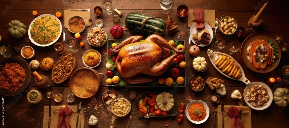 Thanksgiving dinner background with delicious turkey and appetizing dishes. Generative AI Thanksgiving dinner background with delicious turkey and appetizing dishes. Generative AI