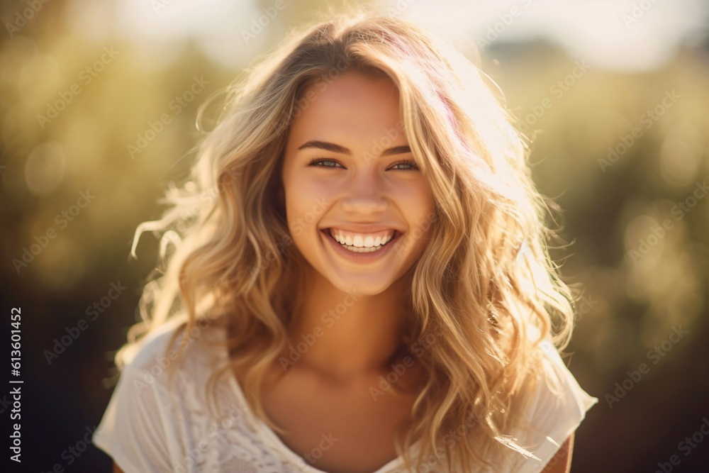 young blonde woman in white summer dress smiles happily created with Generative AI technology young blonde woman in white summer dress smiles happily created with Generative AI technology