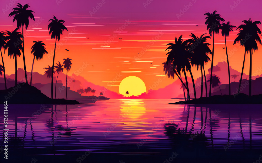a sunset with palm trees and beautiful ocean background