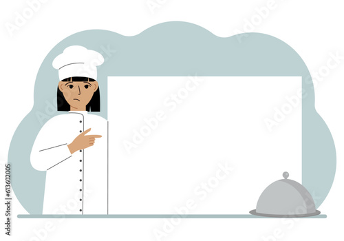 A female cook in uniform and a cap holds a large sheet of paper. Concept for menu, recipe book, blank cookbook or records.