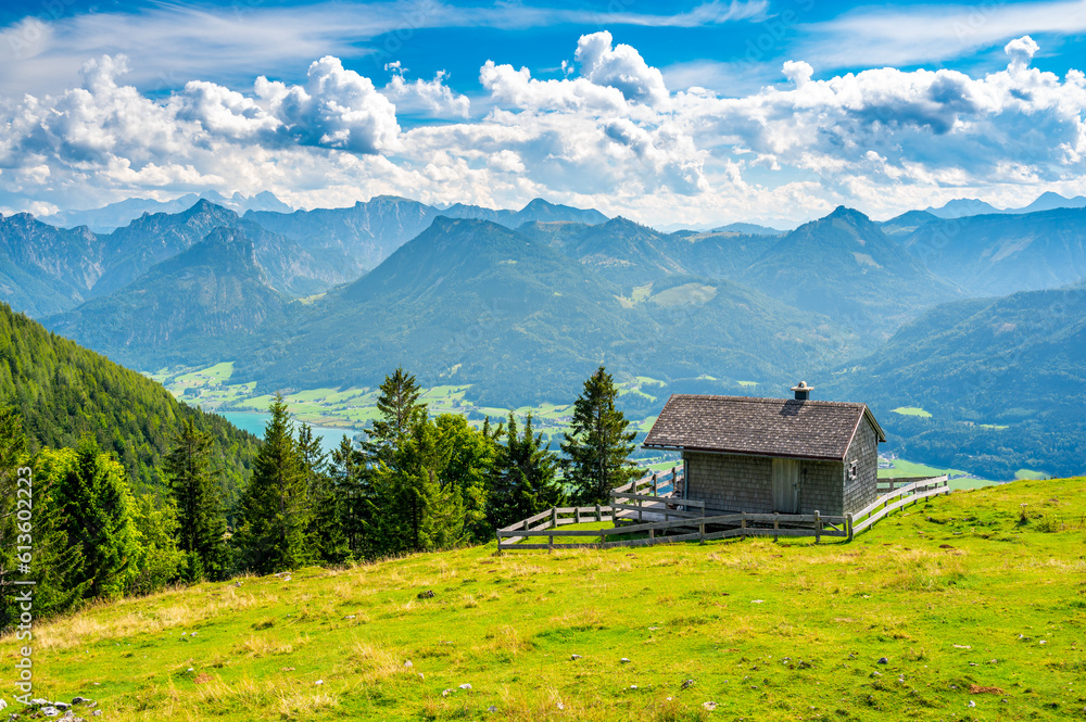 Hiking on the Schafberg hill, Austria. Schafberg by Sankt Wolfgang im Salzkammergut on lake Mondsee (moonlake, moon). Upper Austria (Oberosterreich), Salzburg.