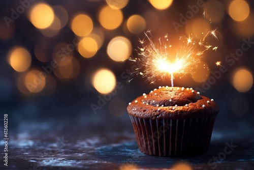 Chocolate Cupcake With Sparkler And Hearts Of Lights and space for text, Generative AI
