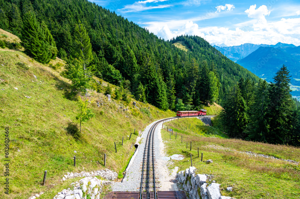 Fototapeta premium View of Schafberg train and railways. SCHAFBERGBAHN Cog Railway running from St. Wolfgang up the Schafberg, Austria.