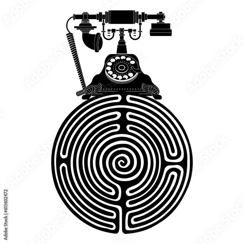 Vintage rotary dial telephone on top of a round spiral maze or labyrinth symbol. Creative concept. Black and white silhouette.