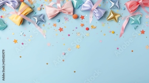 streamers and confetti - Flat lay decoration party pastel blue background top view - happy birthday concept, Generative AI