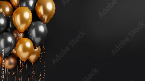 Shining Elegance: Stunning Gold Balloons on Black Wall Background - Perfect for Text Placement - Horizontal Banner, Generative AI