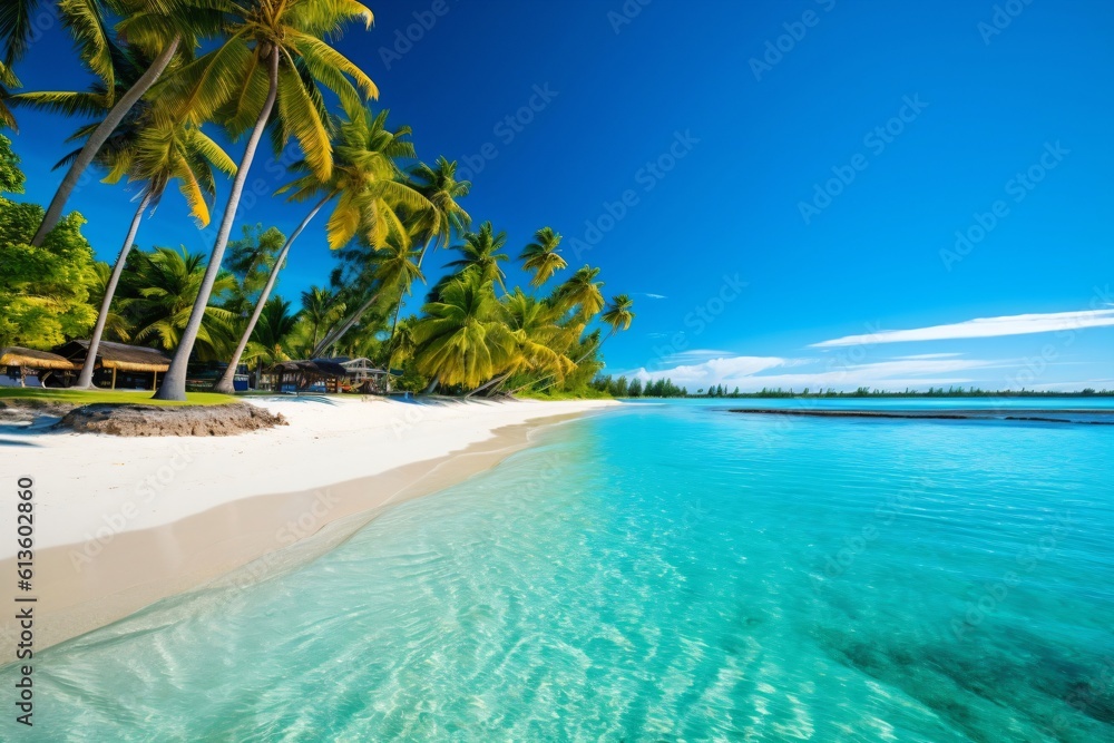 idyllic white sandy beach with palm trees on the light blue sea created with Generative AI technology