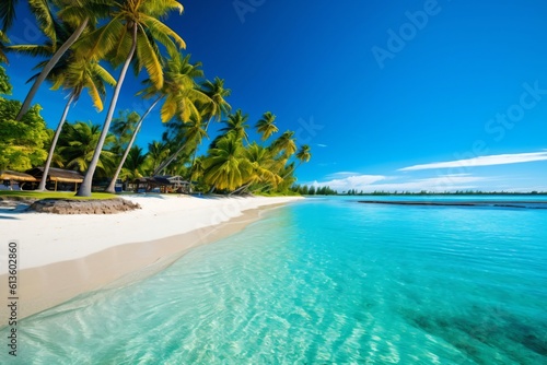 idyllic white sandy beach with palm trees on the light blue sea created with Generative AI technology