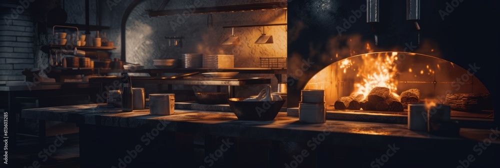 Professional pizzeria kitchen with a large oven. Generative AI