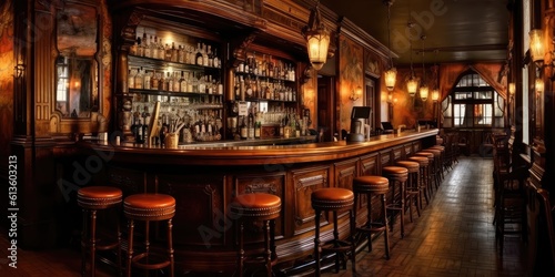 A wooden interior bar with stylish stools
