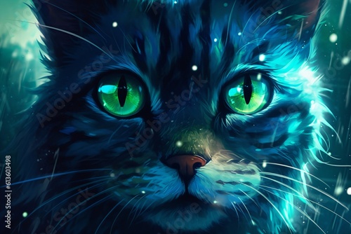 illustration of cat face with green eyes created with Generative AI technology