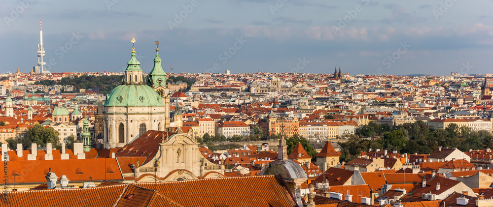 Panoramic view over the Nicholas church in the historic city of Prague, Czech Republic