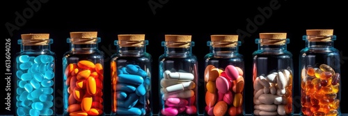 Colorful pills in glass bottles on black background