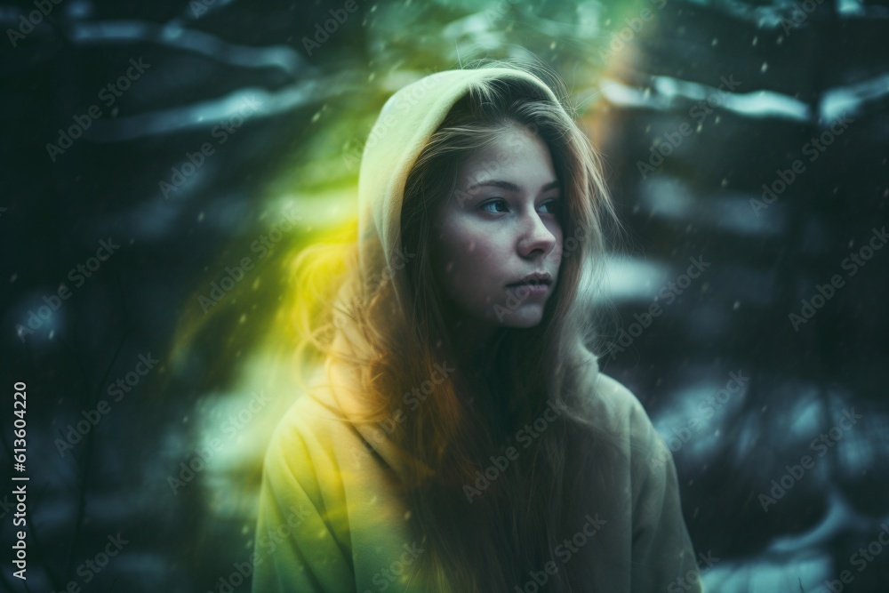blonde girl in rain surrounded by a yellow shining glimmer created with Generative AI technology blonde girl in rain surrounded by a yellow shining glimmer created with Generative AI technology