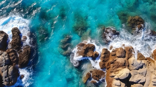 Aerial drone shot of waves hitting rocks on the ocean shore.