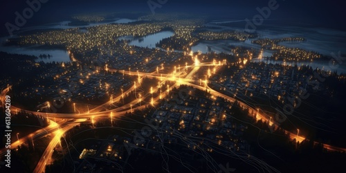 Interconnected cities glowing with networked lights and bustling traffic, a testament to urban connectivity and energy. © Photo And Art Panda